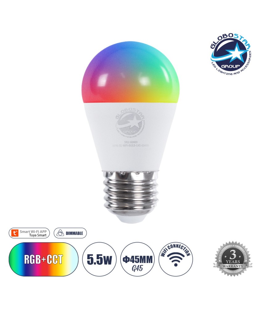 GLOBOSTAR® SMARTME 60489 Λάμπα E27 G45 Smart Home WiFi με Λειτουργία μέσω Tuya APP LED 5.5W 550lm 260° AC 220-240V IP20 Πολύχρωμο RGBW+WW Dimmable - Bridgelux Chip - Μ4.5 x Π4.5 x Υ8.8cm - 3 Χρόνια Εγγύηση